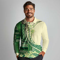 Samoa Siapo Mamanu Long Sleeve Polo Shirt Plumeria Emerald Motifs LT7 - Polynesian Pride