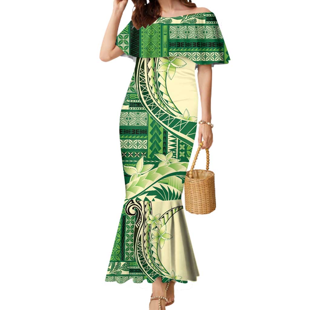 Samoa Siapo Mamanu Mermaid Dress Plumeria Emerald Motifs LT7 Women Green - Polynesian Pride
