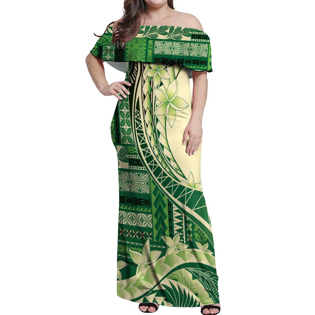 Samoa Siapo Mamanu Off Shoulder Maxi Dress Plumeria Emerald Motifs