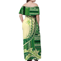 Samoa Siapo Mamanu Off Shoulder Maxi Dress Plumeria Emerald Motifs LT7 - Polynesian Pride