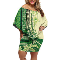 Samoa Siapo Mamanu Off Shoulder Short Dress Plumeria Emerald Motifs LT7 Women Green - Polynesian Pride
