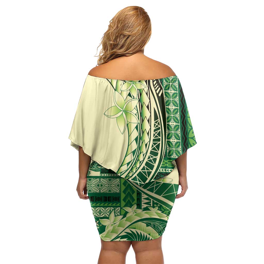 Samoa Siapo Mamanu Off Shoulder Short Dress Plumeria Emerald Motifs LT7 - Polynesian Pride