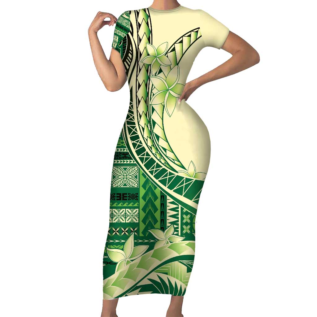 Samoa Siapo Mamanu Short Sleeve Bodycon Dress Plumeria Emerald Motifs LT7 Long Dress Green - Polynesian Pride