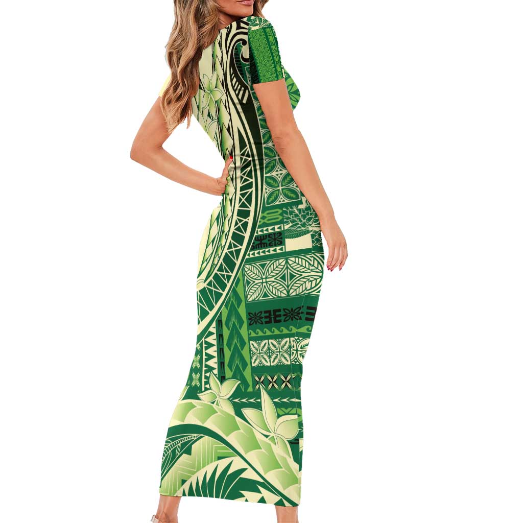 Samoa Siapo Mamanu Short Sleeve Bodycon Dress Plumeria Emerald Motifs LT7 - Polynesian Pride