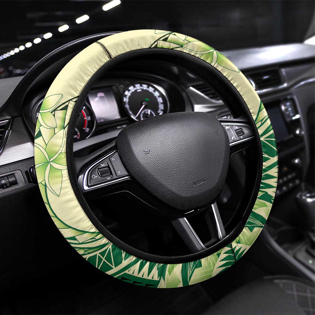 Samoa Siapo Mamanu Steering Wheel Cover Plumeria Emerald Motifs LT7 Universal Fit Green - Polynesian Pride