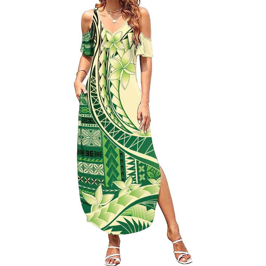 Samoa Siapo Mamanu Summer Maxi Dress Plumeria Emerald Motifs