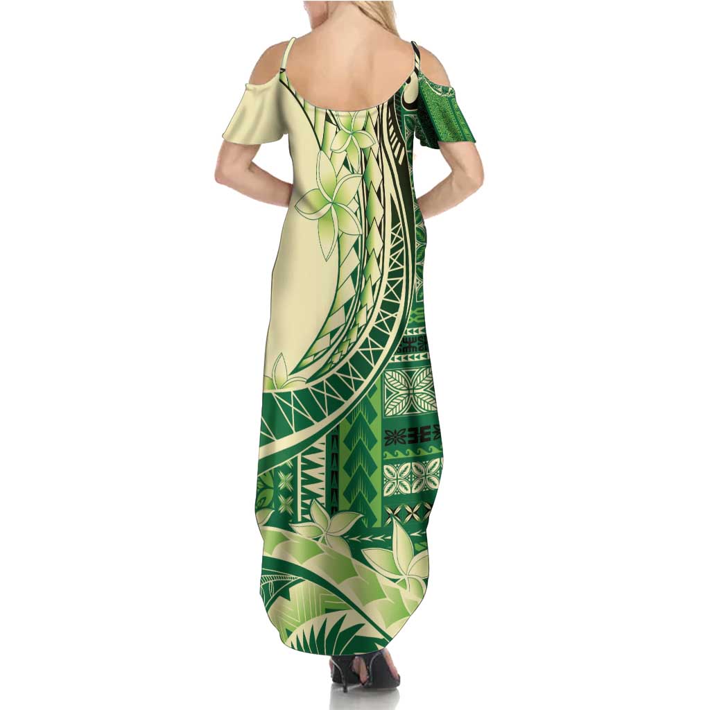 Samoa Siapo Mamanu Summer Maxi Dress Plumeria Emerald Motifs LT7 - Polynesian Pride