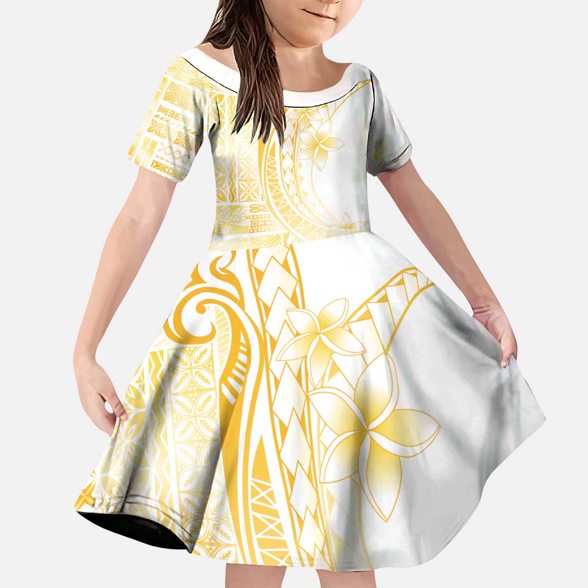 Samoa Siapo Mamanu Kid Short Sleeve Dress Plumeria Fancy Gold Motifs LT7 KID Gold - Polynesian Pride