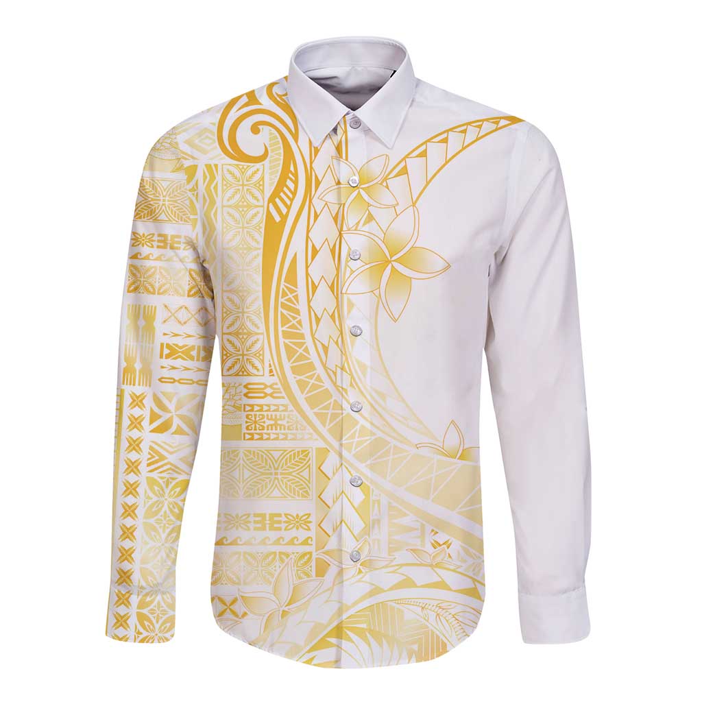 Samoa Siapo Mamanu Long Sleeve Button Shirt Plumeria Fancy Gold Motifs LT7 Unisex Gold - Polynesian Pride