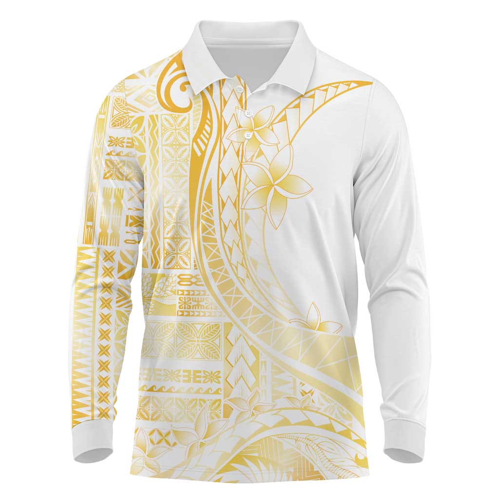 Samoa Siapo Mamanu Long Sleeve Polo Shirt Plumeria Fancy Gold Motifs LT7 Gold - Polynesian Pride