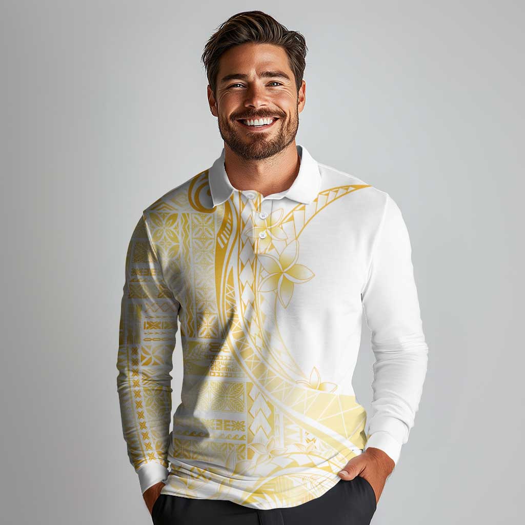 Samoa Siapo Mamanu Long Sleeve Polo Shirt Plumeria Fancy Gold Motifs LT7 - Polynesian Pride