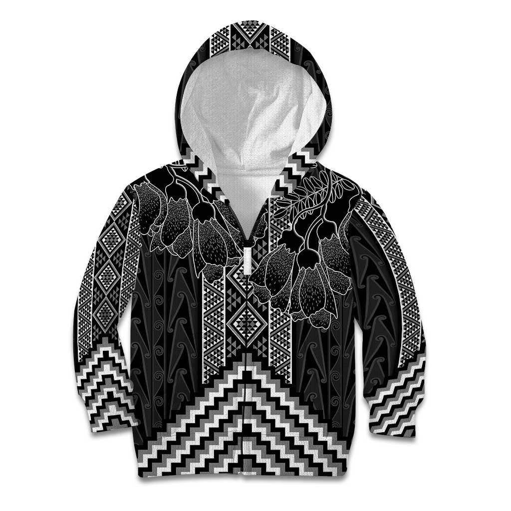 Aotearoa Taniko Pattern Kid Hoodie Poutama Mix Kowhai Flowers LT7 Zip Hoodie Grey - Polynesian Pride
