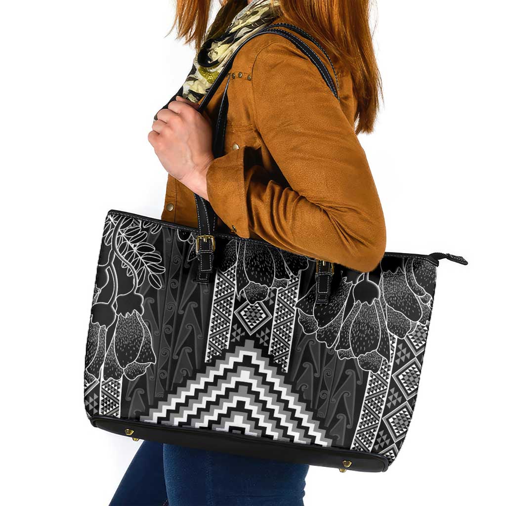 Aotearoa Taniko Pattern Leather Tote Bag Poutama Mix Kowhai Flowers