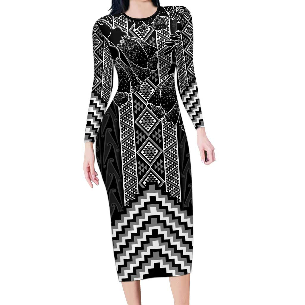 Aotearoa Taniko Pattern Long Sleeve Bodycon Dress Poutama Mix Kowhai Flowers