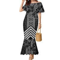 Aotearoa Taniko Pattern Mermaid Dress Poutama Mix Kowhai Flowers LT7 Women Grey - Polynesian Pride