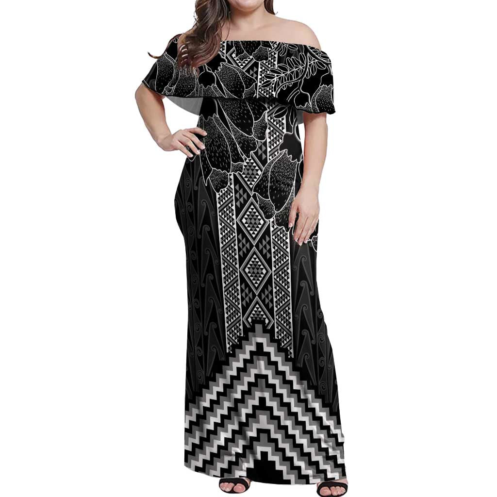 Aotearoa Taniko Pattern Off Shoulder Maxi Dress Poutama Mix Kowhai Flowers