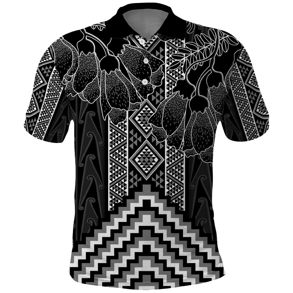 Aotearoa Taniko Pattern Polo Shirt Poutama Mix Kowhai Flowers LT7 Grey - Polynesian Pride