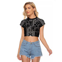 Aotearoa Taniko Pattern Raglan Cropped T Shirt Poutama Mix Kowhai Flowers LT7 Female Grey - Polynesian Pride
