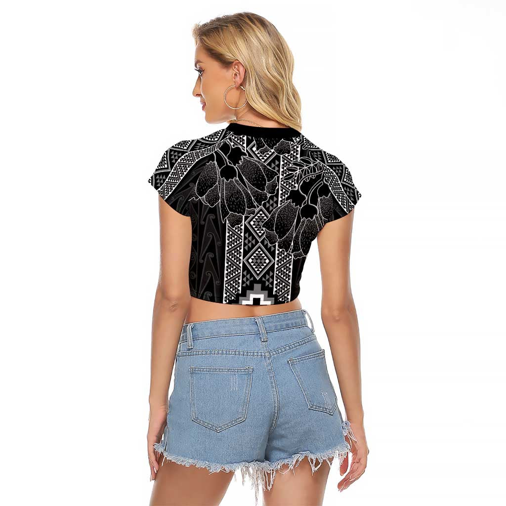 Aotearoa Taniko Pattern Raglan Cropped T Shirt Poutama Mix Kowhai Flowers LT7 - Polynesian Pride