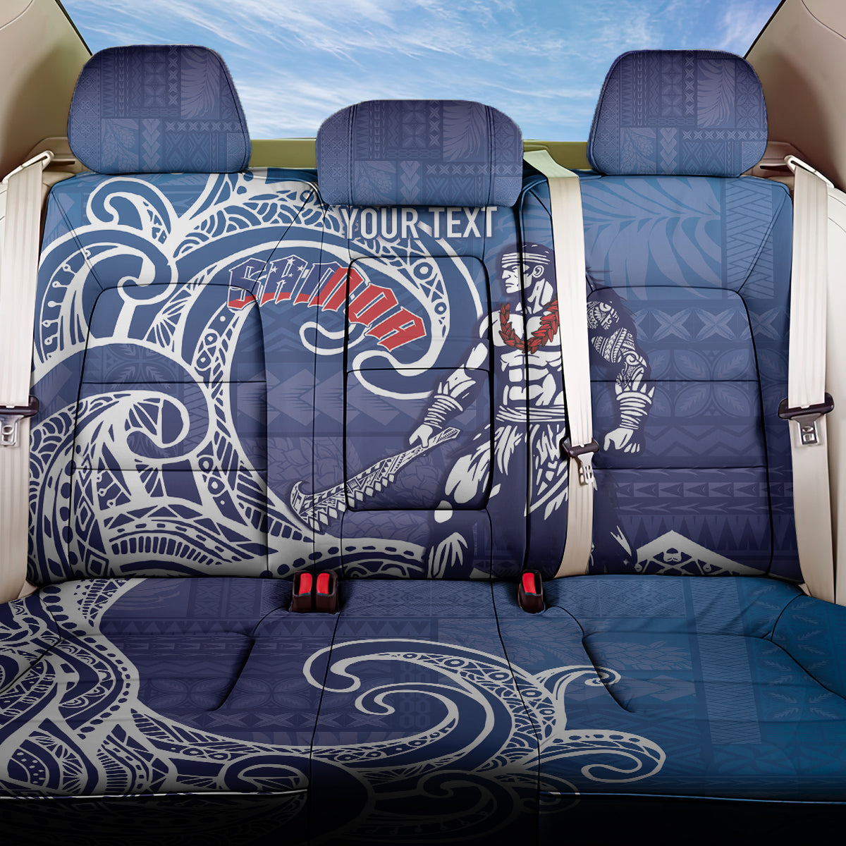 Samoa Manuia le Aso Tuto'atasi Siapo Motif Back Car Seat Cover Warrior with Nifo Oti LT7 One Size Blue - Polynesian Pride
