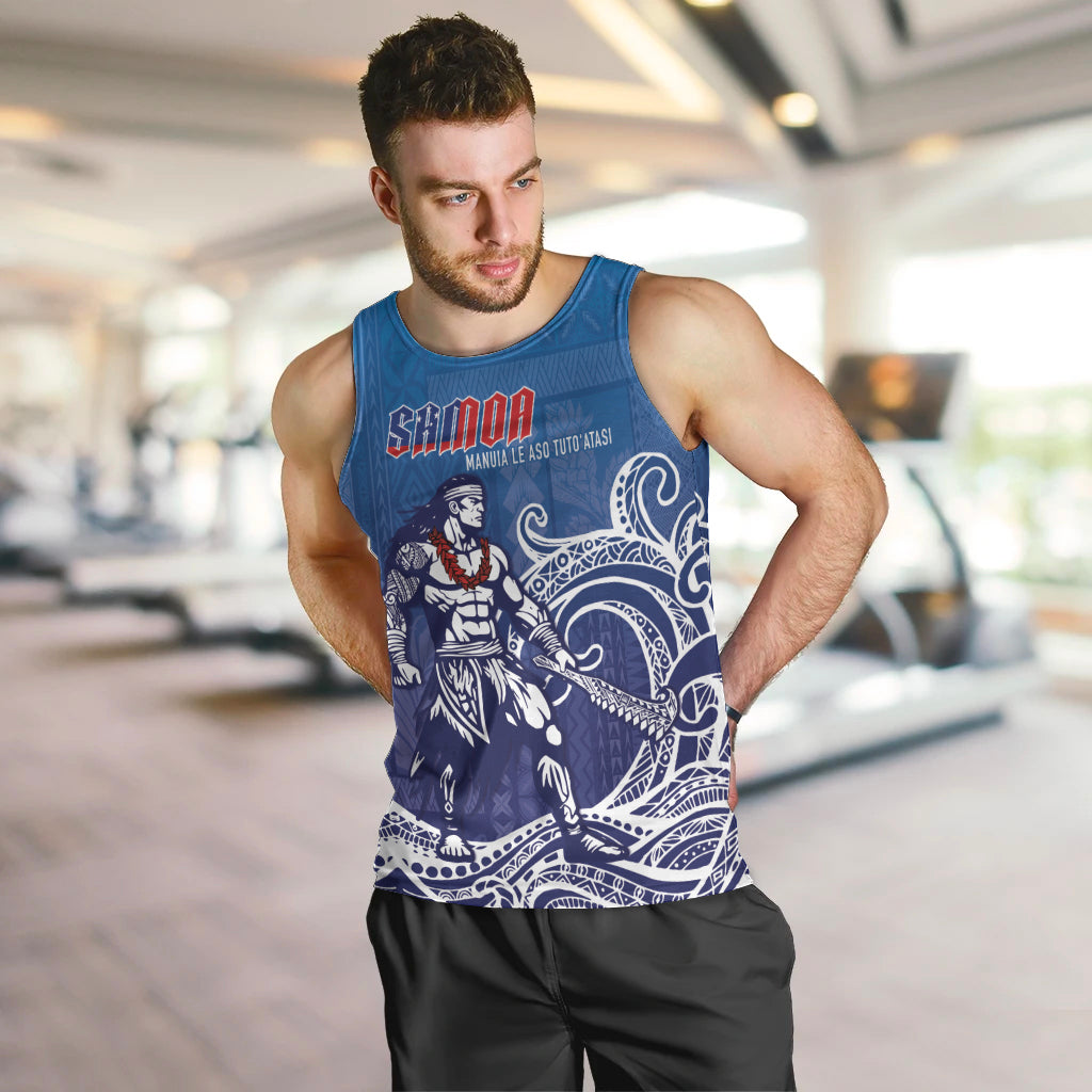Samoa Manuia le Aso Tuto'atasi Siapo Motif Men Tank Top Warrior with Nifo Oti LT7 Blue - Polynesian Pride