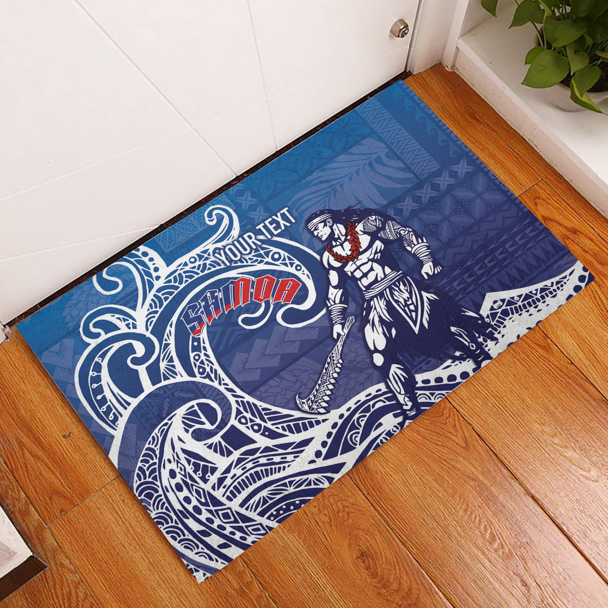 Samoa Manuia le Aso Tuto'atasi Siapo Motif Rubber Doormat Warrior with Nifo Oti LT7 Blue - Polynesian Pride