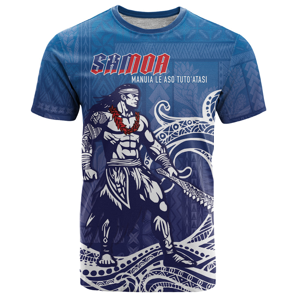 Samoa Manuia le Aso Tuto'atasi Siapo Motif T Shirt Warrior with Nifo Oti LT7 Blue - Polynesian Pride