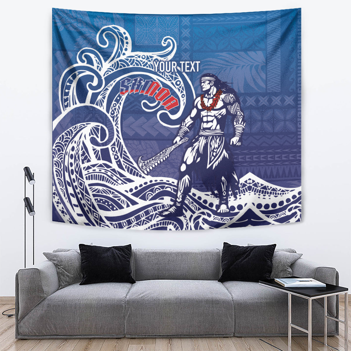 Samoa Manuia le Aso Tuto'atasi Siapo Motif Tapestry Warrior with Nifo Oti LT7 Blue - Polynesian Pride