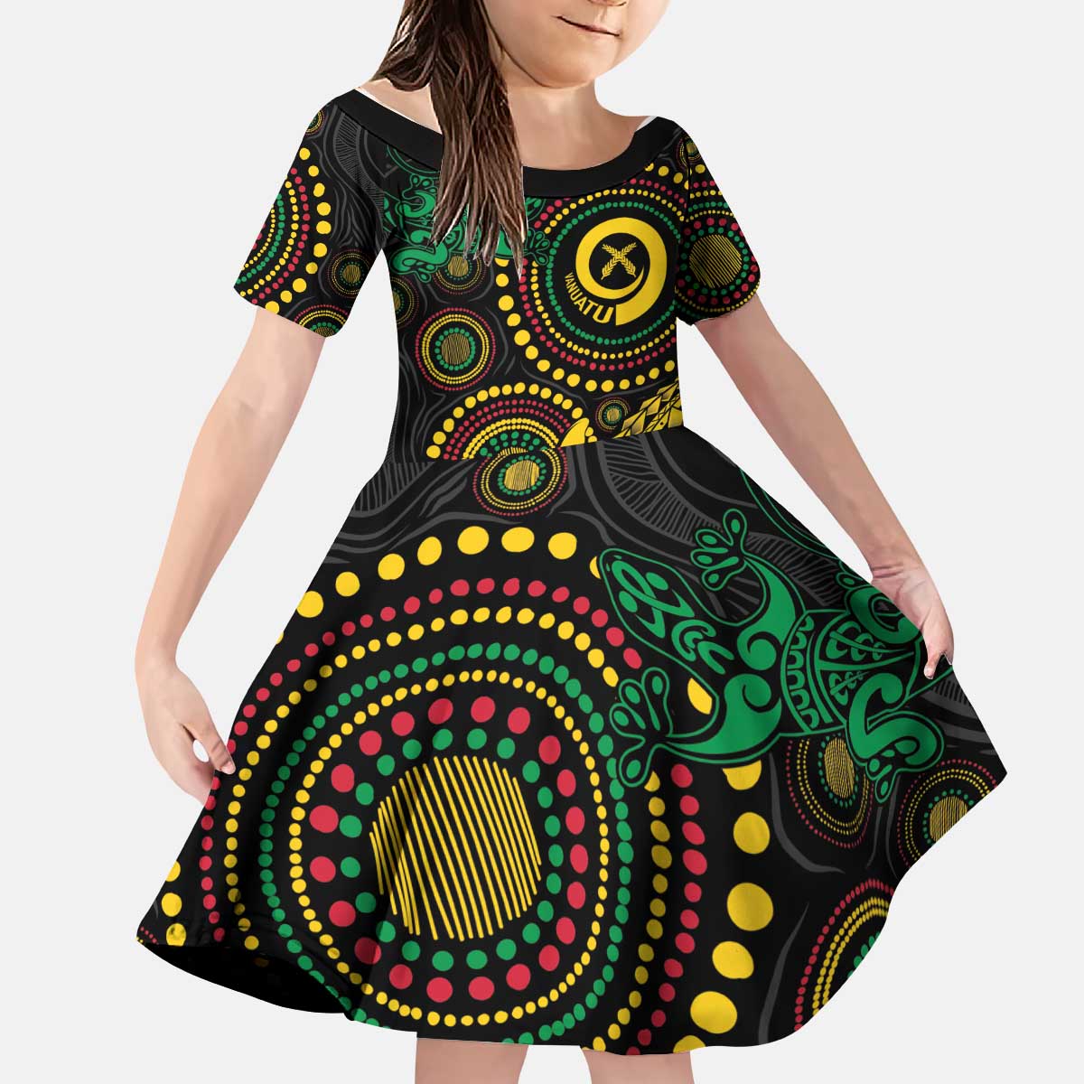 Vanuatu Personalized Aboriginal Arts Kid Short Sleeve Dress Turtle and Iguana Special LT7 KID Colorful - Polynesian Pride