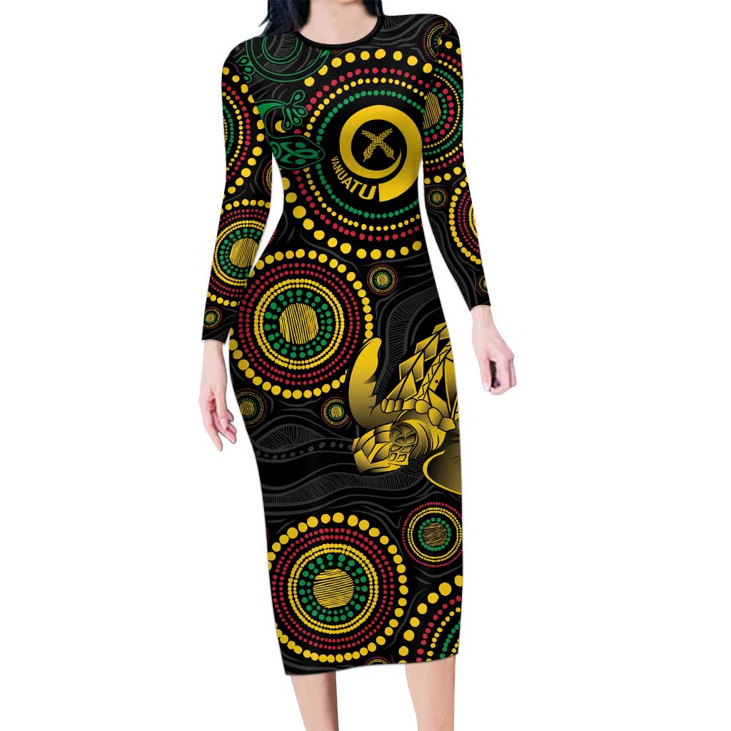 Vanuatu Personalized Aboriginal Arts Long Sleeve Bodycon Dress Turtle and Iguana Special LT7 Long Dress Colorful - Polynesian Pride