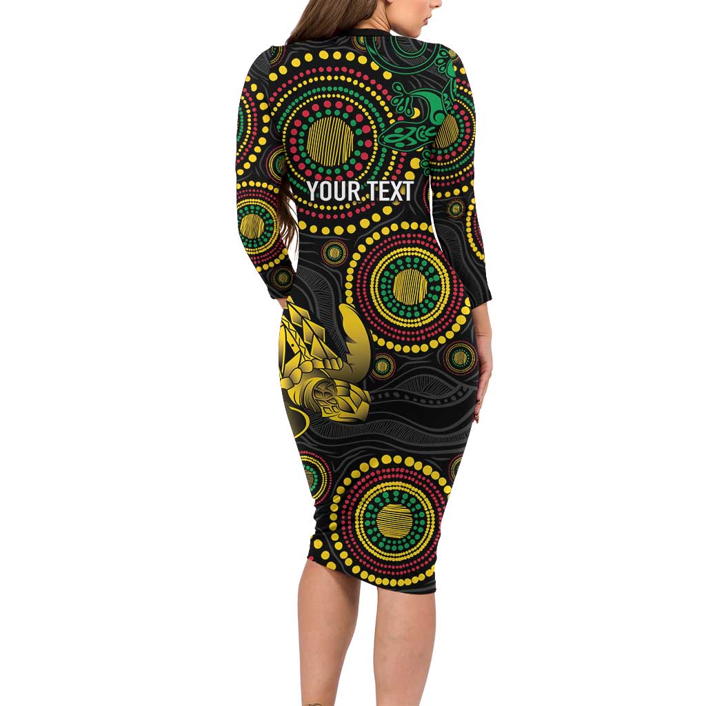 Vanuatu Personalized Aboriginal Arts Long Sleeve Bodycon Dress Turtle and Iguana Special LT7 - Polynesian Pride