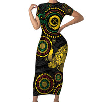 Vanuatu Personalized Aboriginal Arts Short Sleeve Bodycon Dress Turtle and Iguana Special LT7 Long Dress Colorful - Polynesian Pride