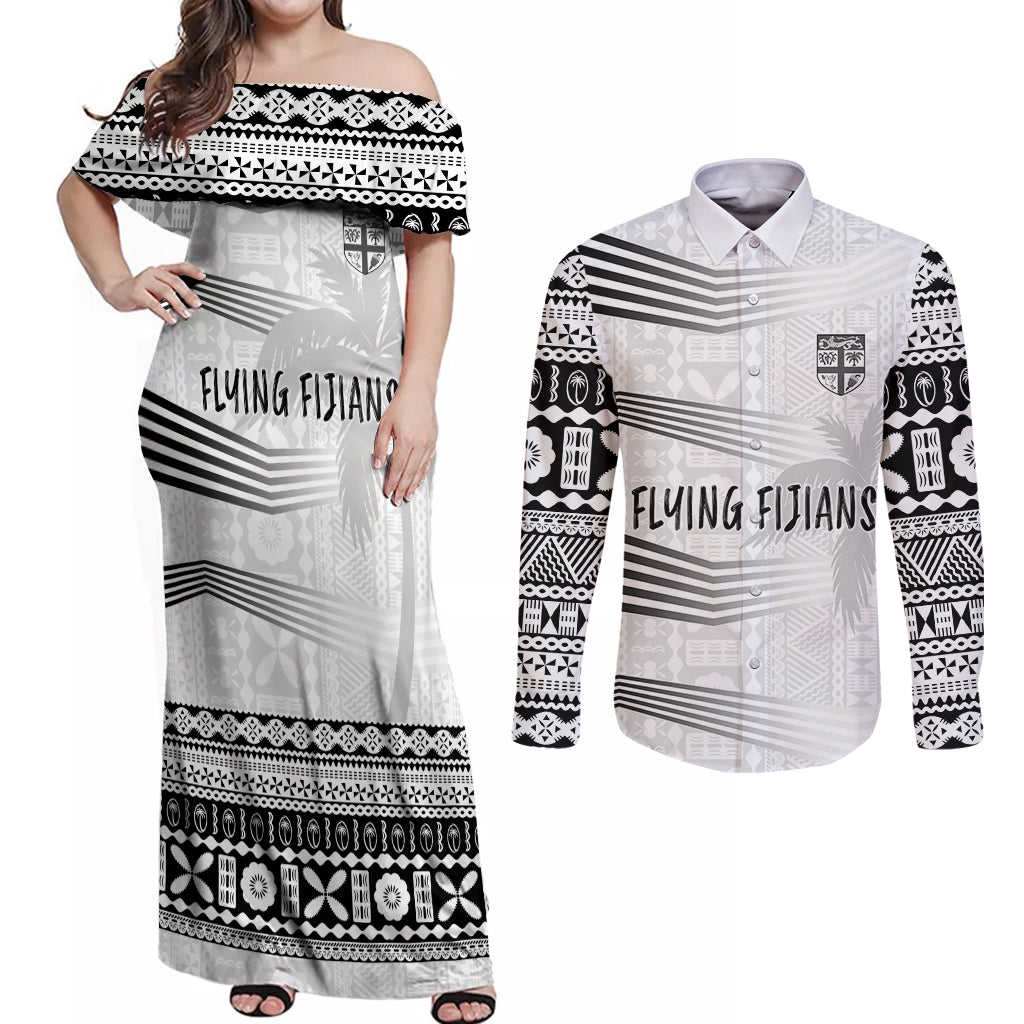 Personalised Fiji Rugby Couples Matching Off Shoulder Maxi Dress and Long Sleeve Button Shirts Kaiviti WC 2023 Jersey Replica - White LT7 White - Polynesian Pride