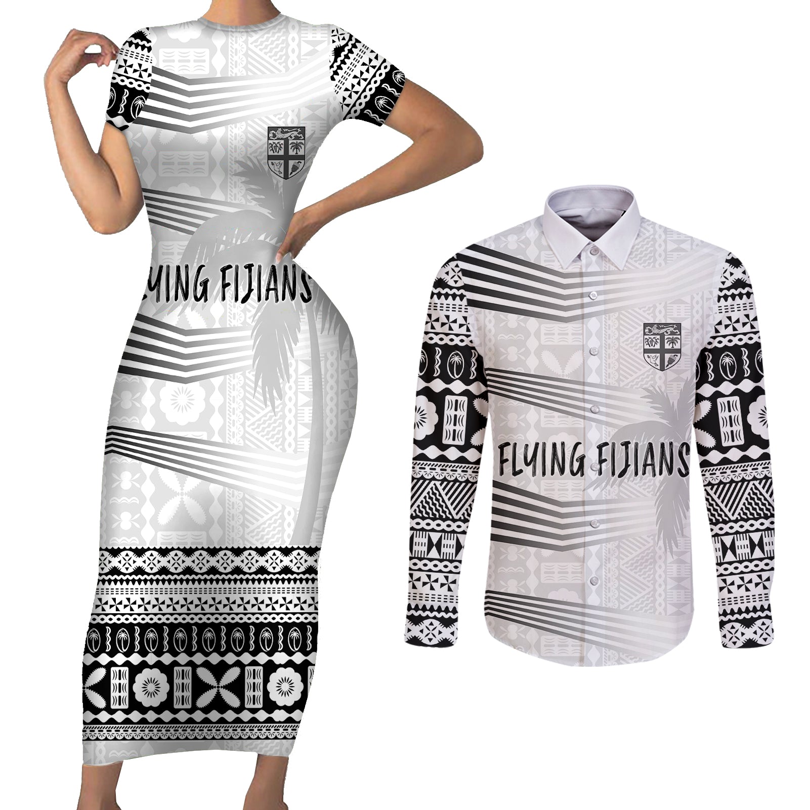 Personalised Fiji Rugby Couples Matching Short Sleeve Bodycon Dress and Long Sleeve Button Shirts Kaiviti WC 2023 Jersey Replica - White LT7 White - Polynesian Pride