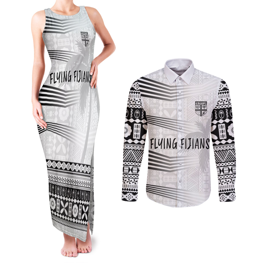 Personalised Fiji Rugby Couples Matching Tank Maxi Dress and Long Sleeve Button Shirts Kaiviti WC 2023 Jersey Replica - White LT7 White - Polynesian Pride