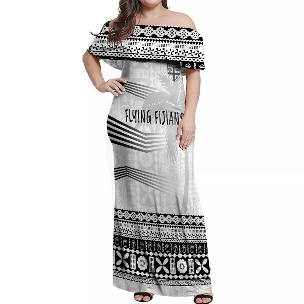 Personalised Fiji Rugby Off Shoulder Maxi Dress Kaiviti WC 2023 Jersey Replica - White LT7 Women White - Polynesian Pride