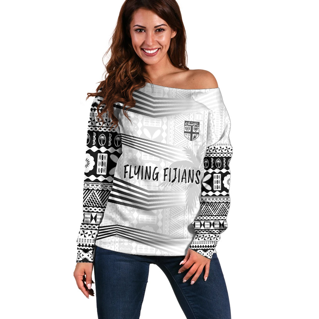 Personalised Fiji Rugby Off Shoulder Sweater Kaiviti WC 2023 Jersey Replica - White LT7 Women White - Polynesian Pride
