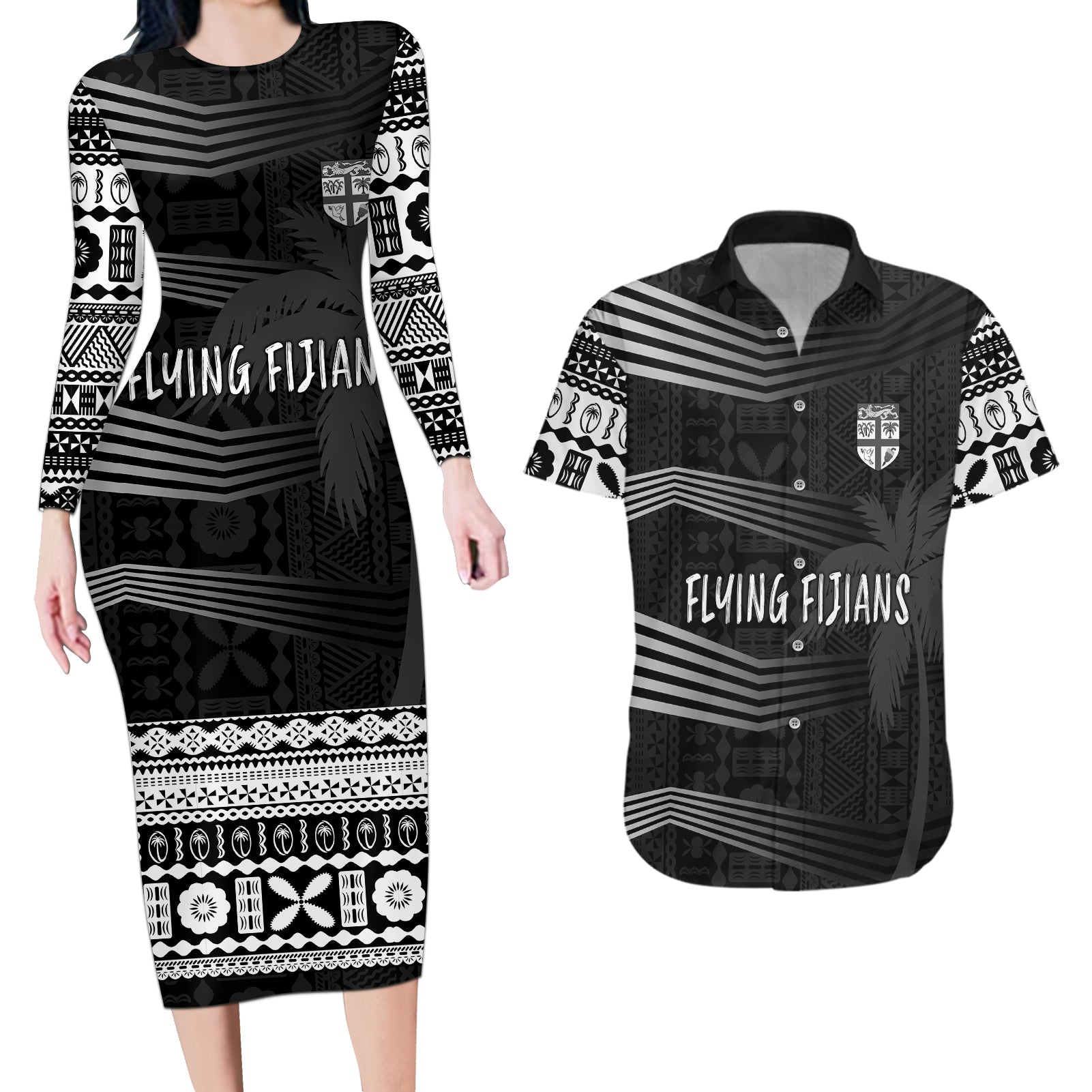 Personalised Fiji Rugby Couples Matching Long Sleeve Bodycon Dress and Hawaiian Shirt Kaiviti WC 2023 Jersey Replica - Black LT7 Black - Polynesian Pride