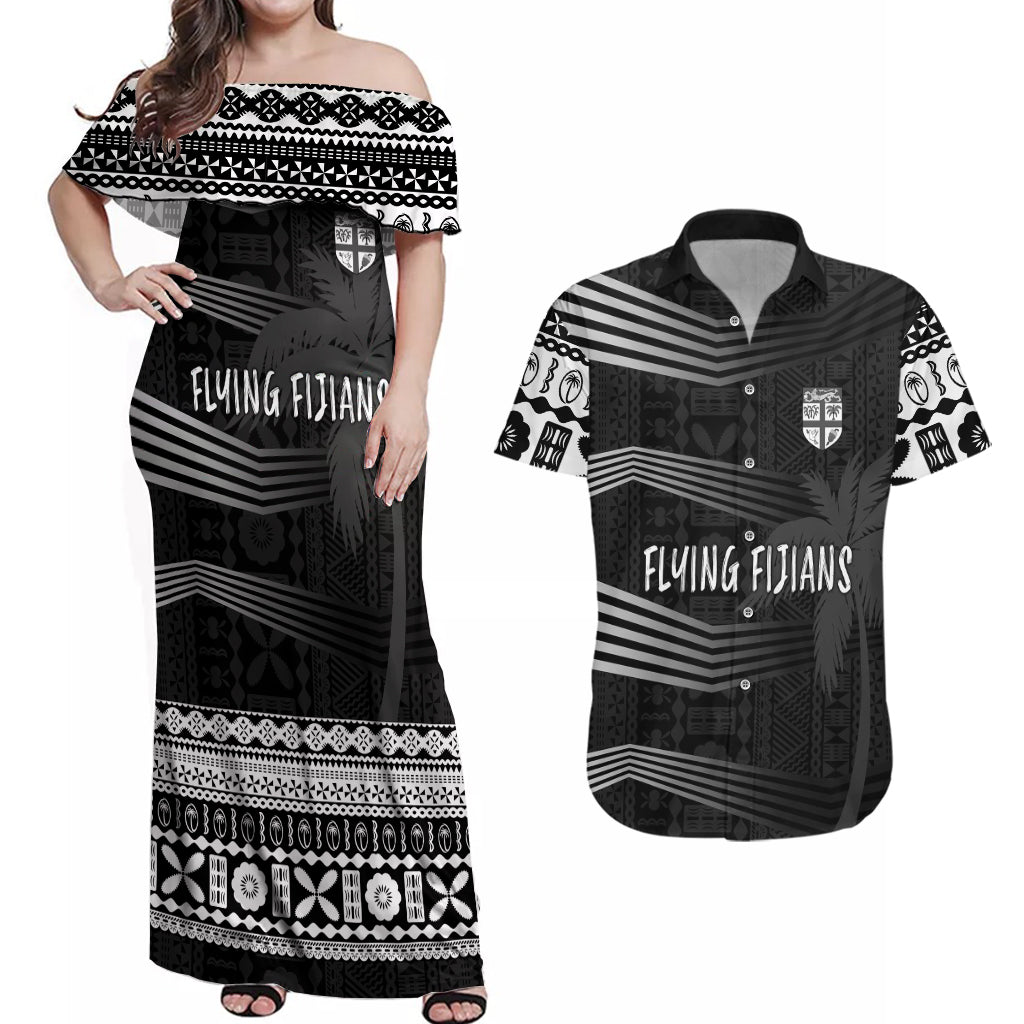 Personalised Fiji Rugby Couples Matching Off Shoulder Maxi Dress and Hawaiian Shirt Kaiviti WC 2023 Jersey Replica - Black LT7 Black - Polynesian Pride