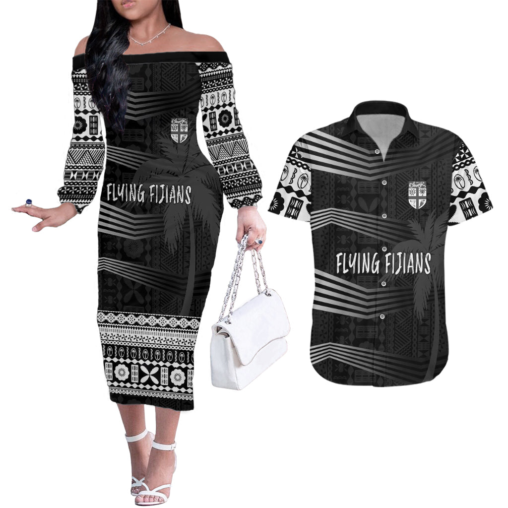 Personalised Fiji Rugby Couples Matching Off The Shoulder Long Sleeve Dress and Hawaiian Shirt Kaiviti WC 2023 Jersey Replica - Black LT7 Black - Polynesian Pride