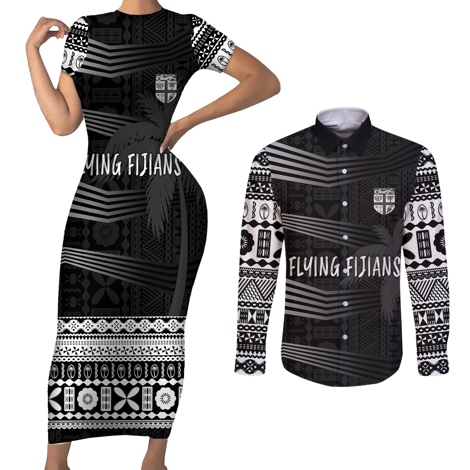 Personalised Fiji Rugby Couples Matching Short Sleeve Bodycon Dress and Long Sleeve Button Shirts Kaiviti WC 2023 Jersey Replica - Black LT7 Black - Polynesian Pride