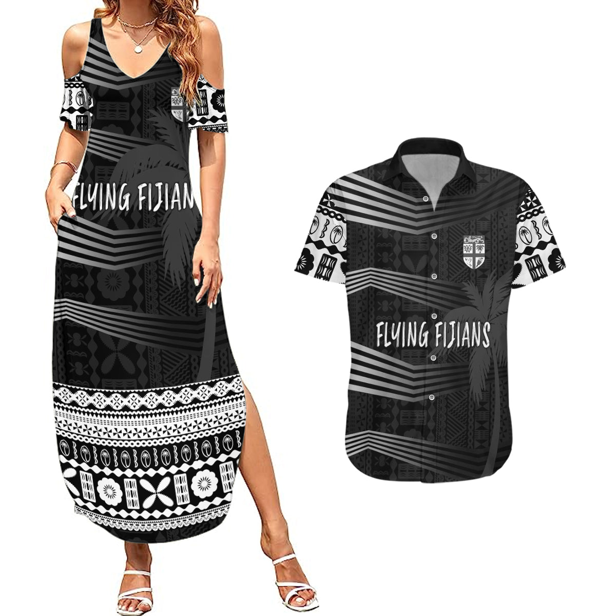 Personalised Fiji Rugby Couples Matching Summer Maxi Dress and Hawaiian Shirt Kaiviti WC 2023 Jersey Replica - Black LT7 Black - Polynesian Pride