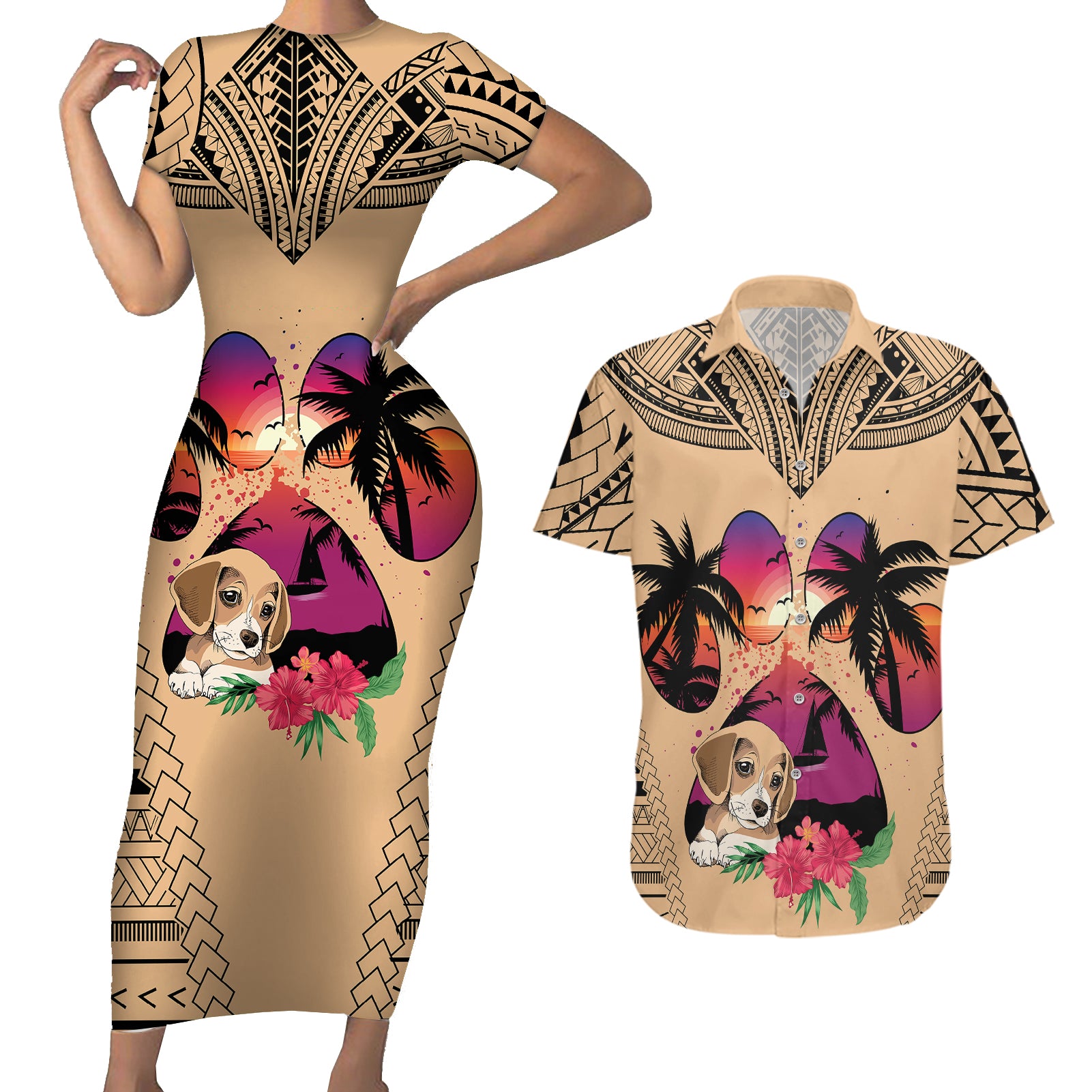 Personalised Polynesian Couples Matching Short Sleeve Bodycon Dress and Hawaiian Shirt Dog Lover With Beagle - Sunset At The Beach LT7 Coral - Polynesian Pride