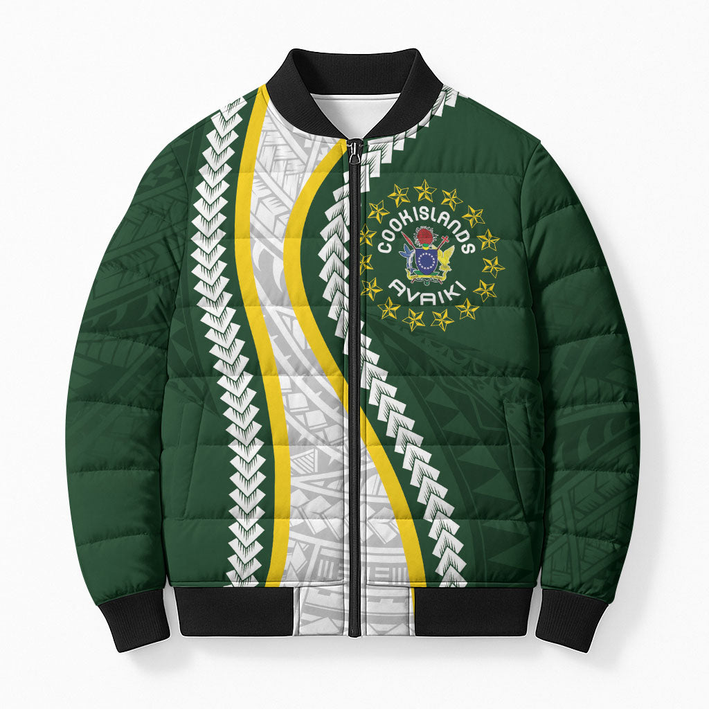Cook Islands Rugby Personalized Avaiki Bomber Puffer Jacket GO Kuki LT7 Unisex Green - Polynesian Pride