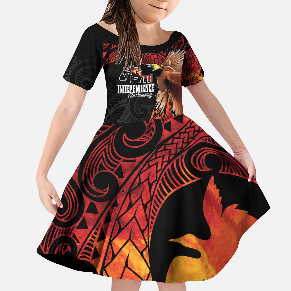 Papua New Guinea Personalised Kid Short Sleeve Dress Grunge Style 49th Independence Anni LT7 KID Black Red - Polynesian Pride