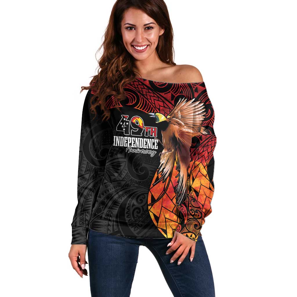 Papua New Guinea Personalised Off Shoulder Sweater Grunge Style 49th Independence Anni LT7 Women Black Red - Polynesian Pride