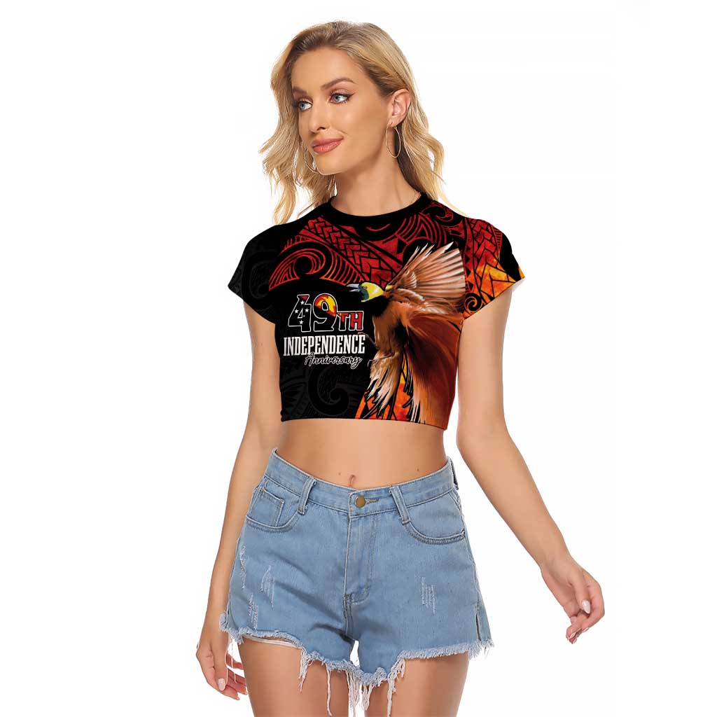 Papua New Guinea Personalised Raglan Cropped T Shirt Grunge Style 49th Independence Anni LT7 Female Black Red - Polynesian Pride