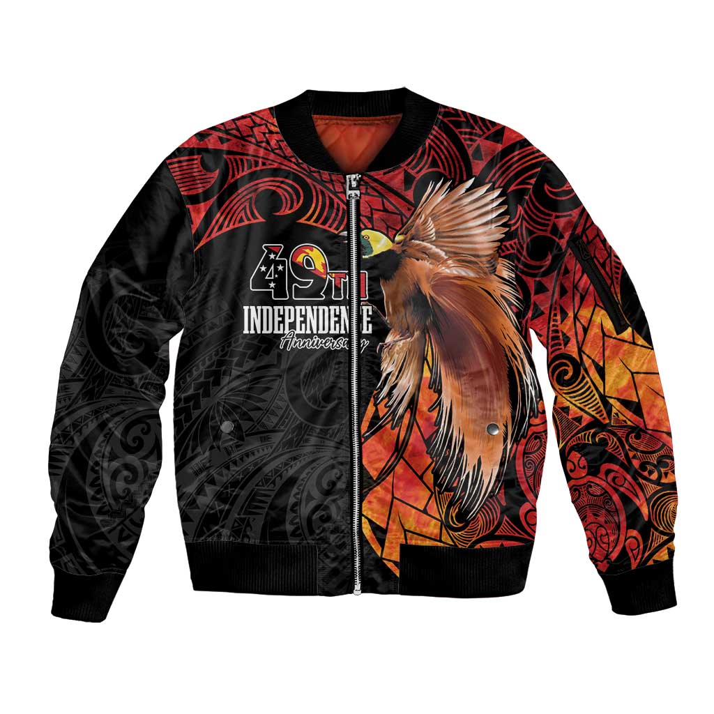 Papua New Guinea Personalised Sleeve Zip Bomber Jacket Grunge Style 49th Independence Anni LT7 Unisex Black Red - Polynesian Pride