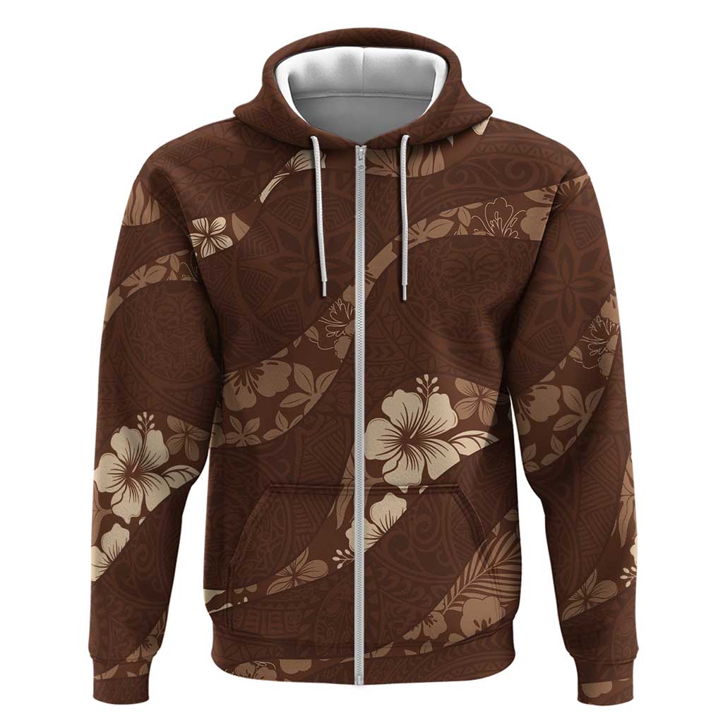 Aloha Hawaii Floral Tapa Hoodie Patchwork Mocha LT7 Zip Hoodie Mocha - Polynesian Pride