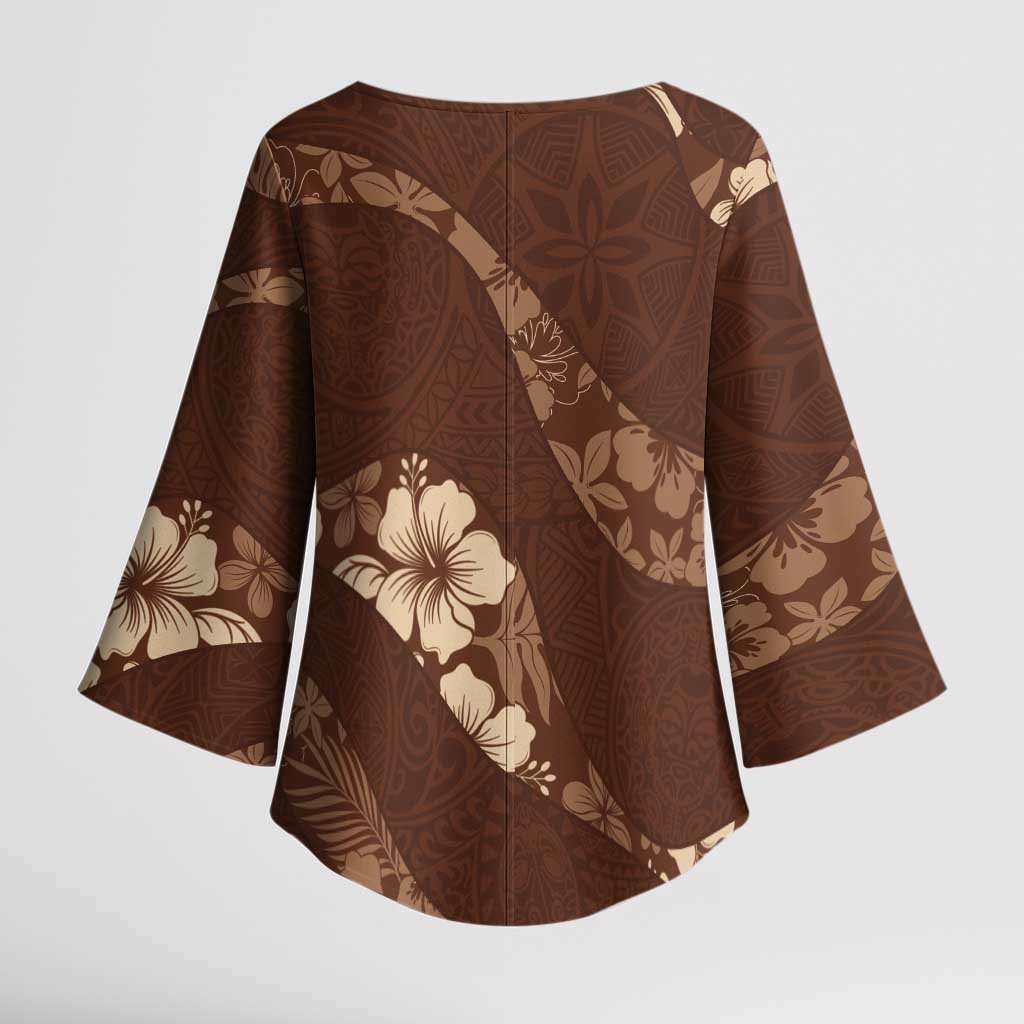 Aloha Hawaii Floral Tapa Kimono Sleeve Blouse Patchwork Mocha LT7 - Polynesian Pride
